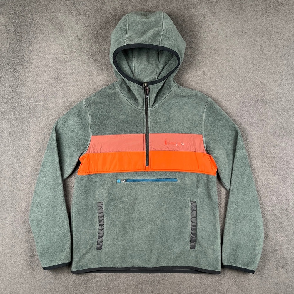 Cotopaxi Teca Fleece Hooded Half-Zip Jacket Mens Small Green Orange Colorblock